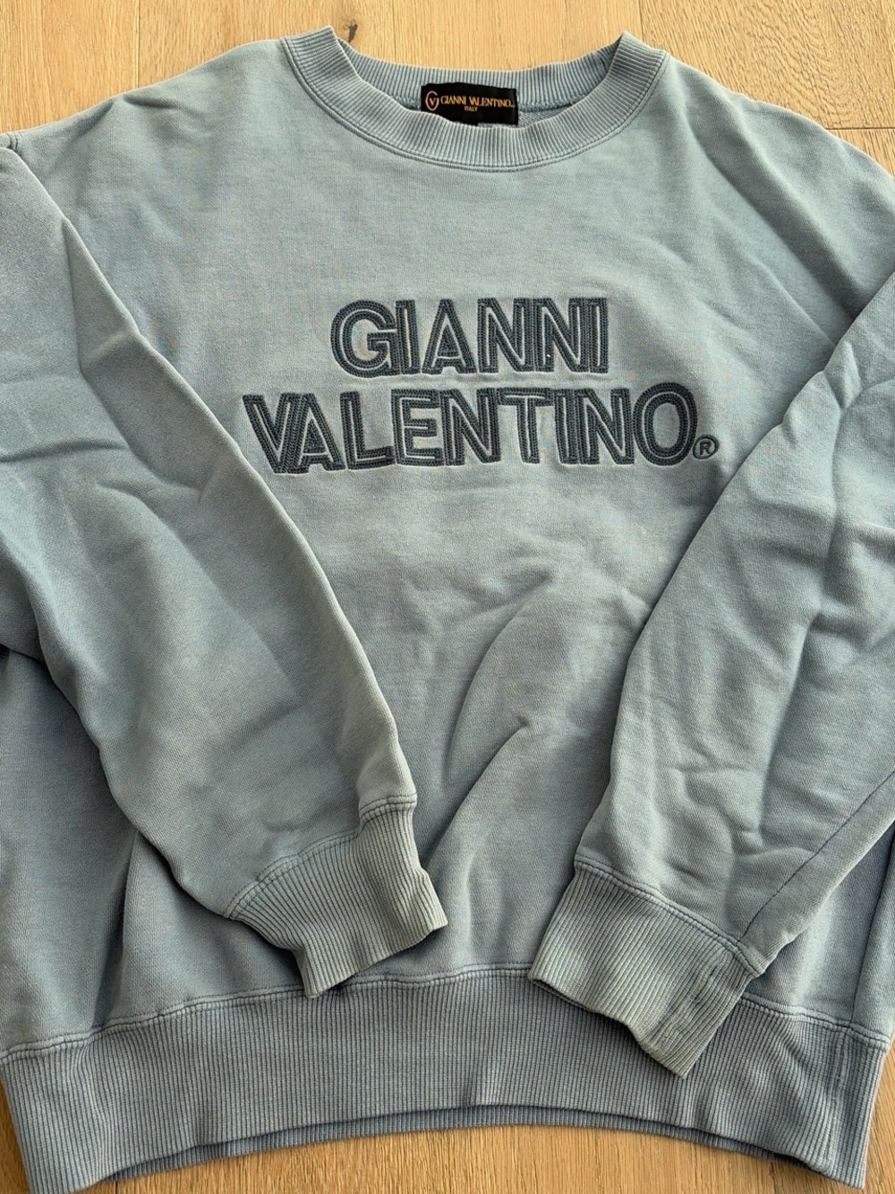 Valentino Gianni Embroidered Logo Crewneck in Sage Blue
